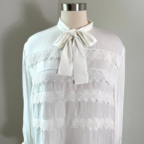 Maje 3 Womens Large Ivory Ruffle Blouse Tie Neck Long Sleeve Shirt Top - Picture 2 of 12